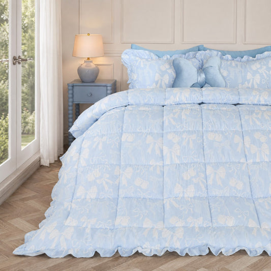 Bow Print Frill Edge Coverless 7.5 Tog Duvet Set - Blue