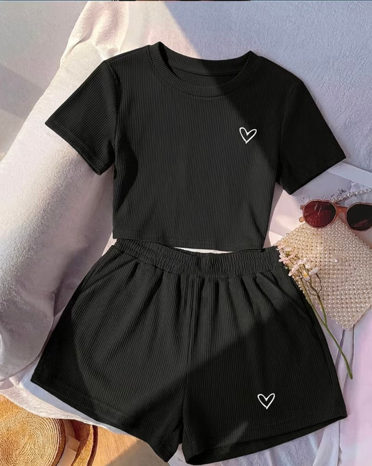 Heart Print Womens Top and Shorts Set