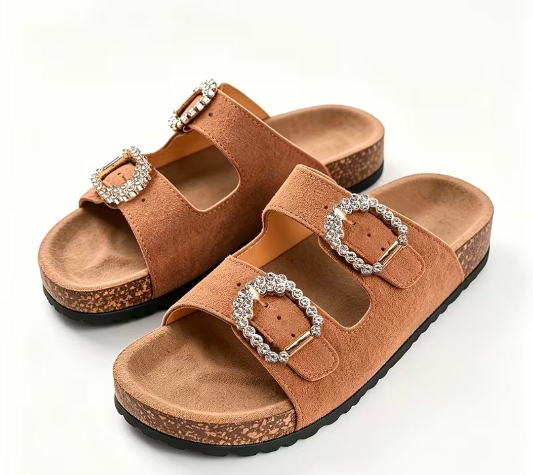 Double Straps with Rhinestone Buckle Design sandals