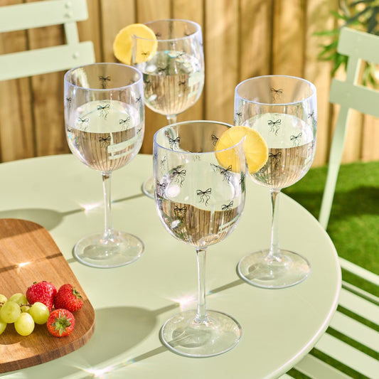 Bow Print Plastic Wine Glasses, Monochrome/Clear - 4 Pack