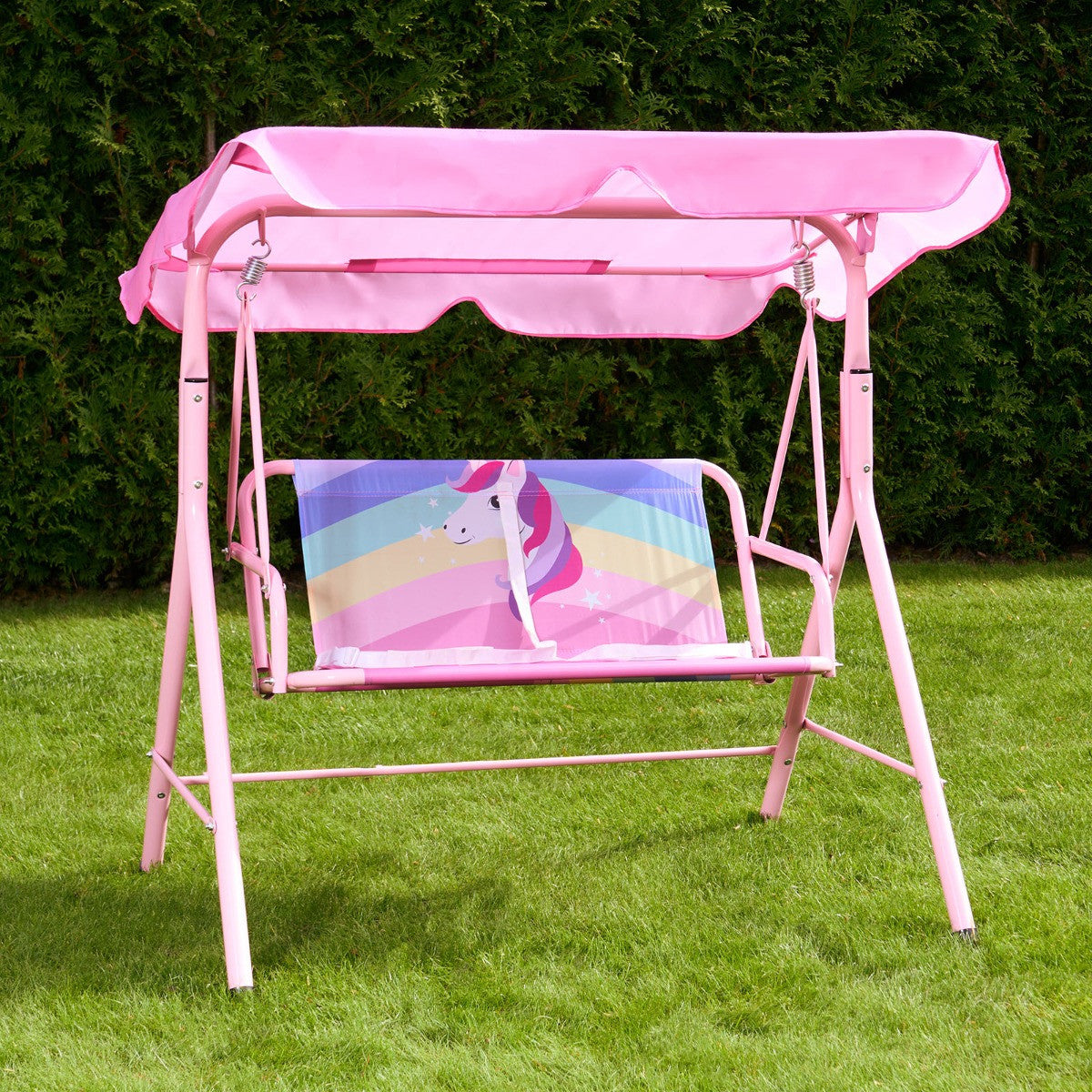 Kids Unicorn Print Swing Bench with Canopy - Pink