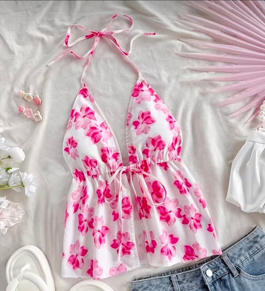 Womens Tie-Up Halter Neck Floral Print Camisole Top