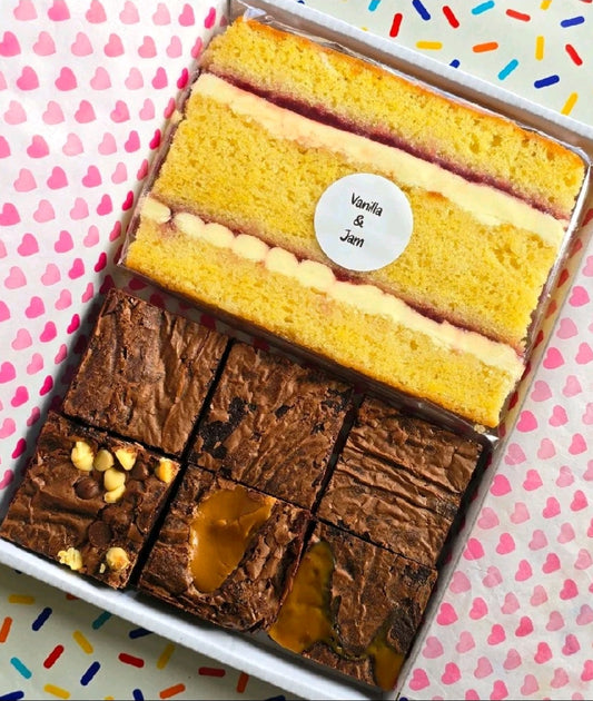 6 mixed brownies and large cake slice Treat box