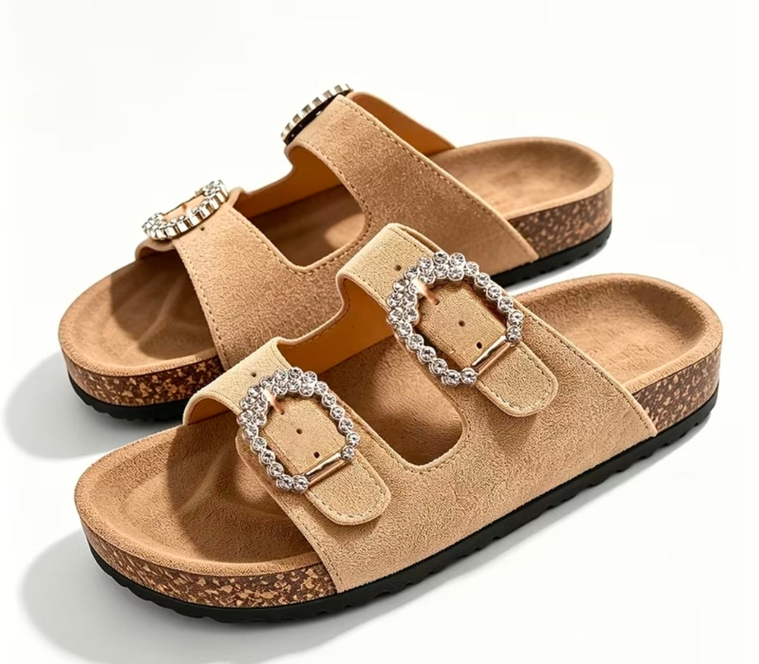 Double Straps with Rhinestone Buckle Design sandals