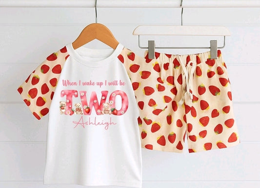 When i wake up i will be Personalised strawberry teddy number bow short set PJ'S (Design 2)