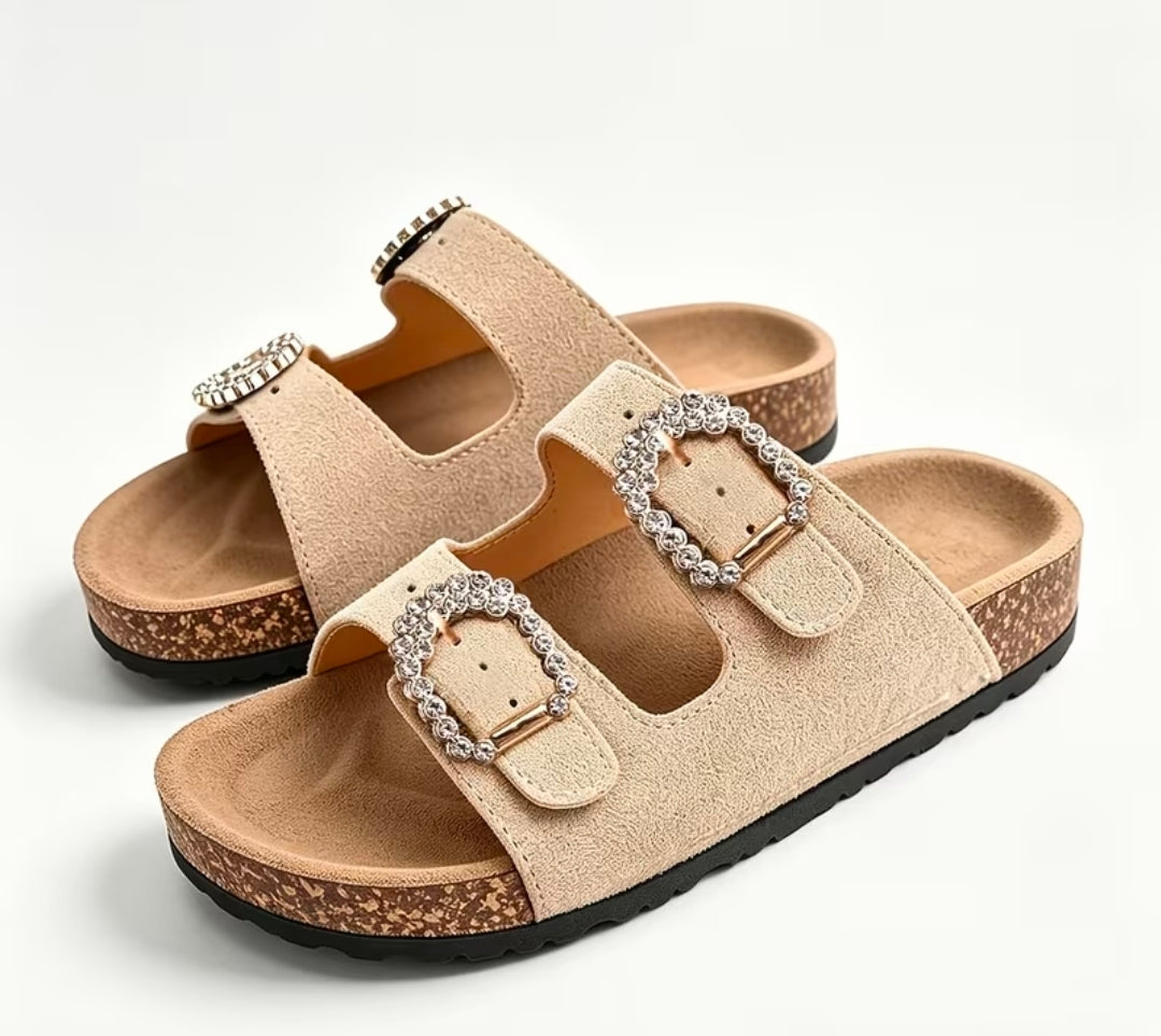 Double Straps with Rhinestone Buckle Design sandals