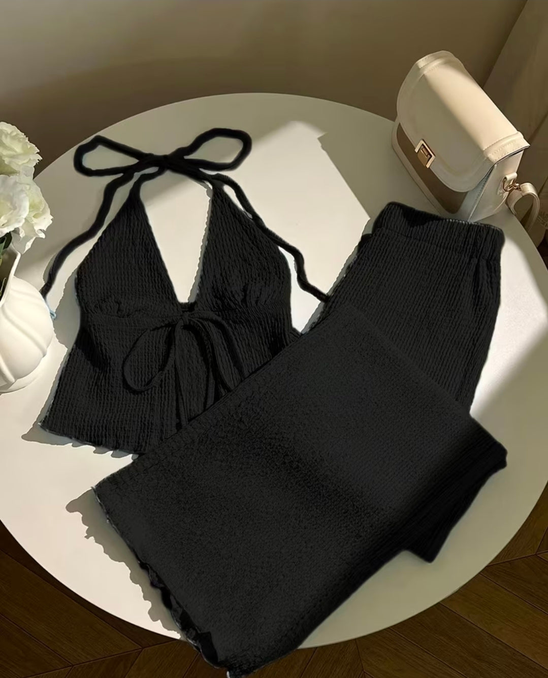 Womens Halter Neck Backless Waist-Cinching Top & Loose Wide-Leg Long Trouser Set