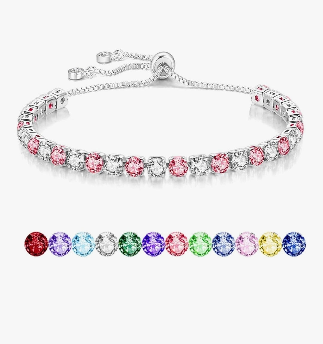 S925 Silver Bracelet for Women Adjustable Slider Crystal Tennis Bracelet Birthstone Jewellery