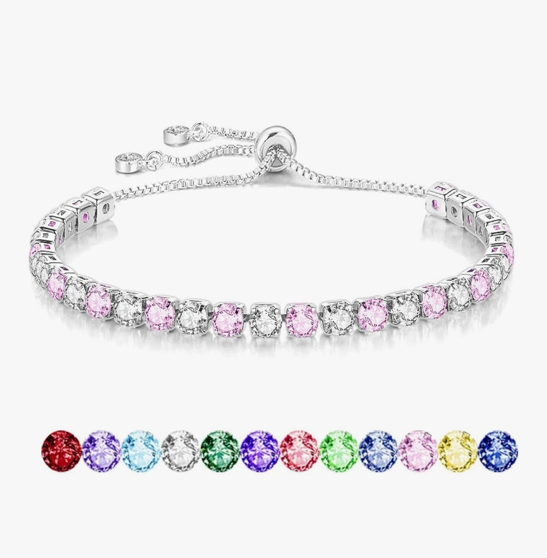 S925 Silver Bracelet for Women Adjustable Slider Crystal Tennis Bracelet Birthstone Jewellery