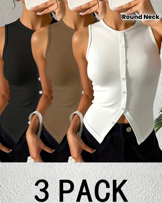 3pcs Womens Solid Color Round Neck Slit Button Vest top Set