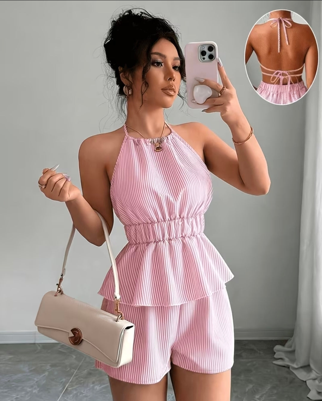 New Womens Lace-Up Backless  Striped Top & Short 2pc set