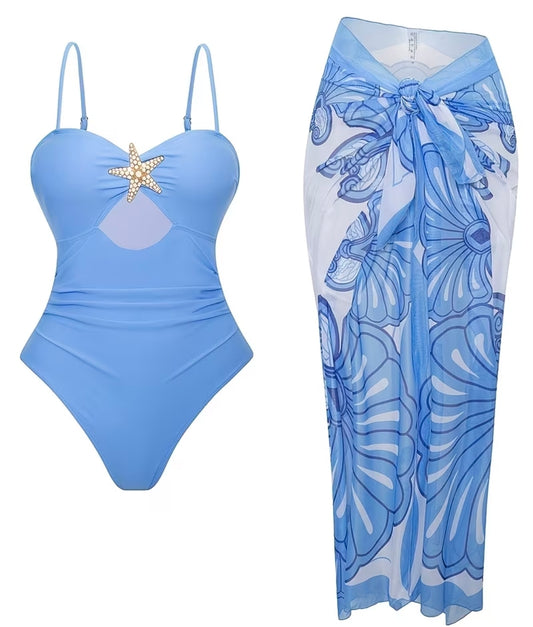 Womens Starfish Decorated One-Piece Swimsuit And Blue Shell Print Wrap Skirt set