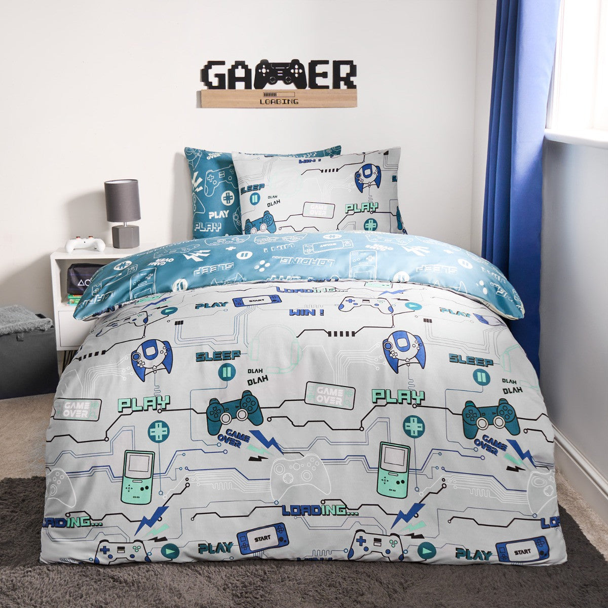 Kids Gaming Console Print Reversible Duvet Cover Set - Grey/Blue