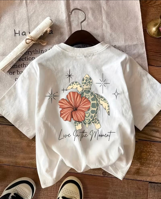 Double-sided Print Turtle Floral, "live in the Moment" Letter Print T-shirt