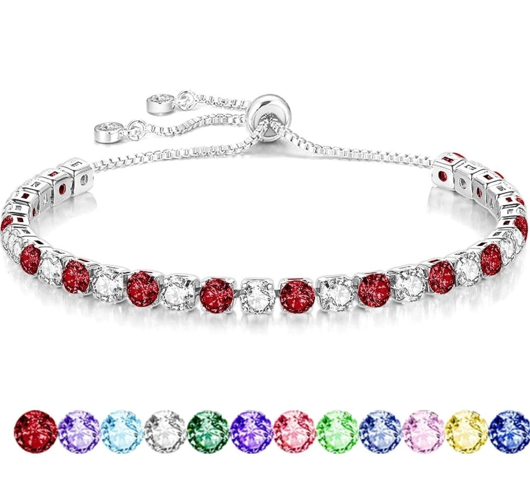 S925 Silver Bracelet for Women Adjustable Slider Crystal Tennis Bracelet Birthstone Jewellery