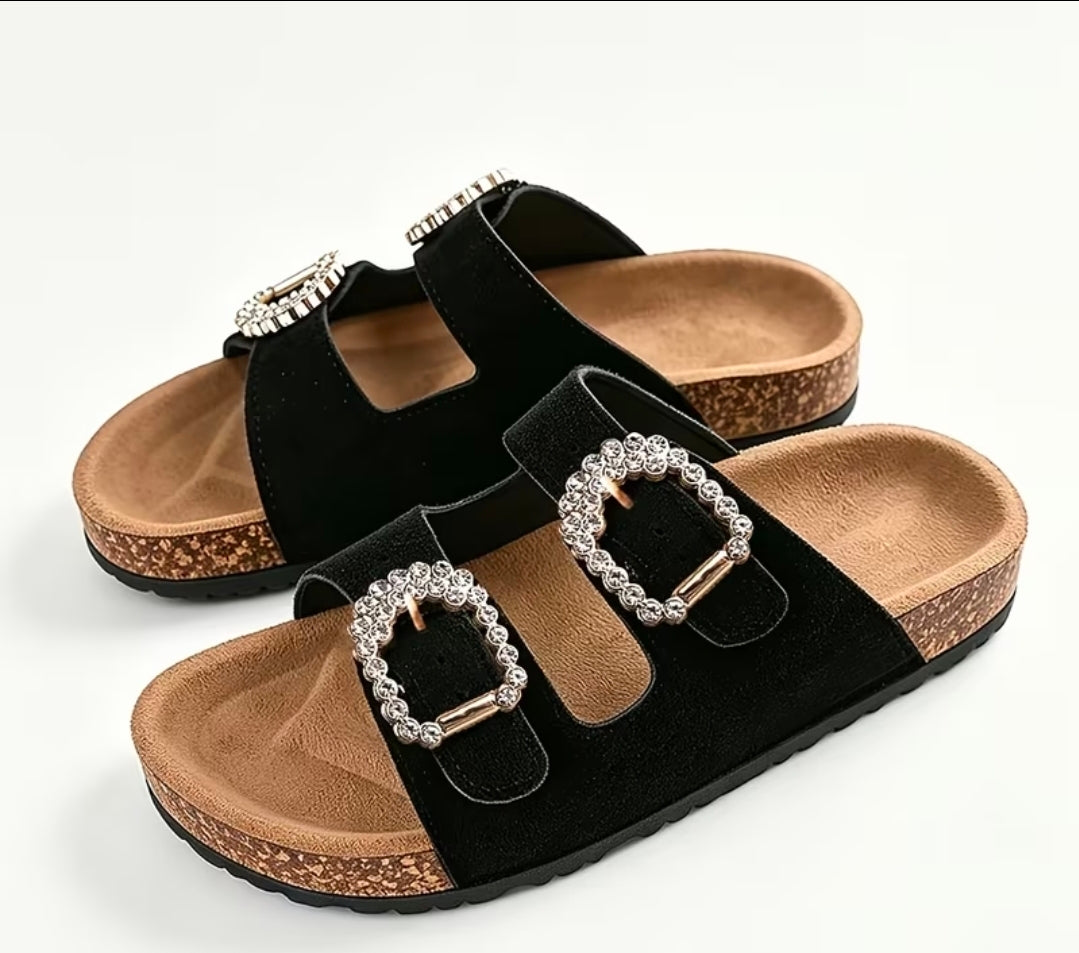 Double Straps with Rhinestone Buckle Design sandals