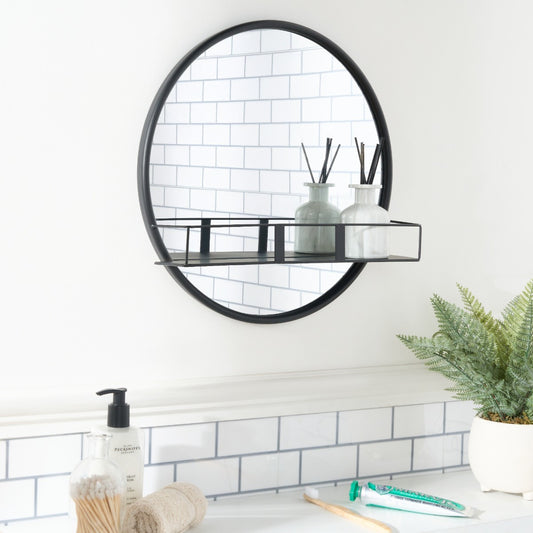 Round Mirror with Shelf - Black