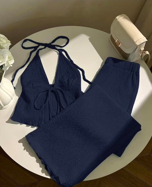 Womens Halter Neck Backless Waist-Cinching Top & Loose Wide-Leg Long Trouser Set