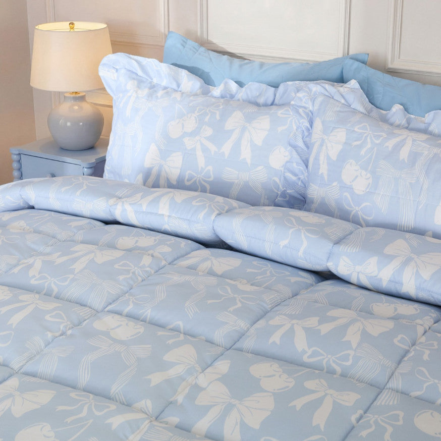 Bow Print Frill Edge Coverless 7.5 Tog Duvet Set - Blue