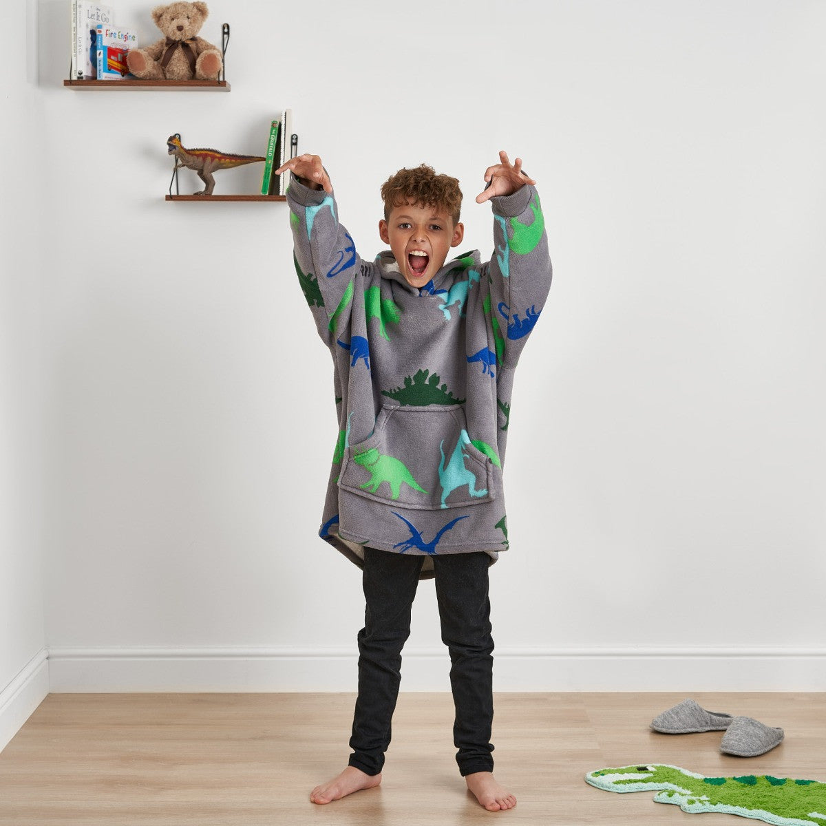 Dinosaur Print Hoodie Blanket, Kids - Grey