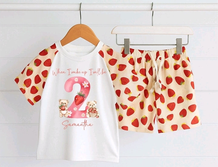 When i wake up i will be Personalised strawberry teddy design number bow short set PJ'S  (Design 1)