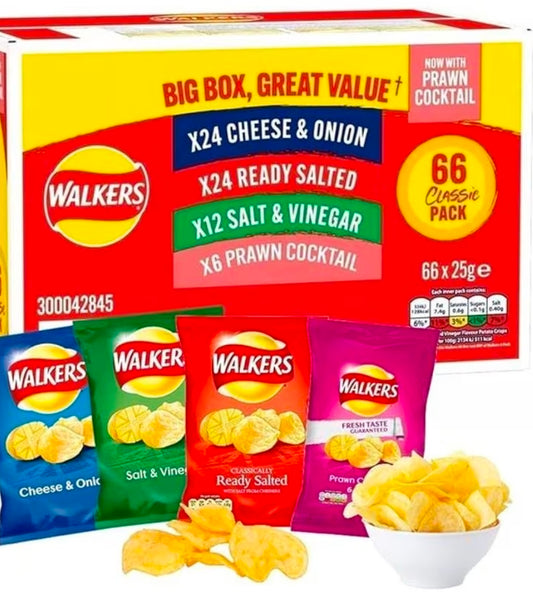 Giant Crisps Multipack Snack Box - Pack of 66 x 25g Assorted Classic Walkers Crisps